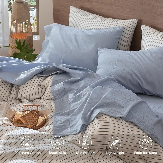 MooMee Bedding Sheet Set 100% Washed Cotton Linen Like Textured Breathable Durable Soft Comfy (Heathered Cornflower Blue, Queen)