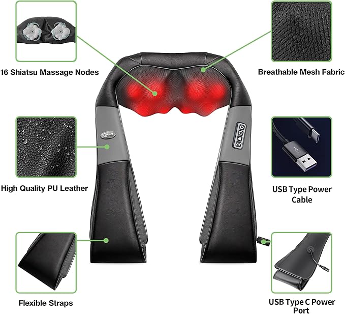 cotsoco Neck Massager, Shiatsu Neck and Back Massager with Heat for Pain Relief, Deep Tissue 3D Kneading Massage Pillow, Relaxation Gifts for Men and Women, Gifts for Dad, Elderly, Wife（Dark Gray）