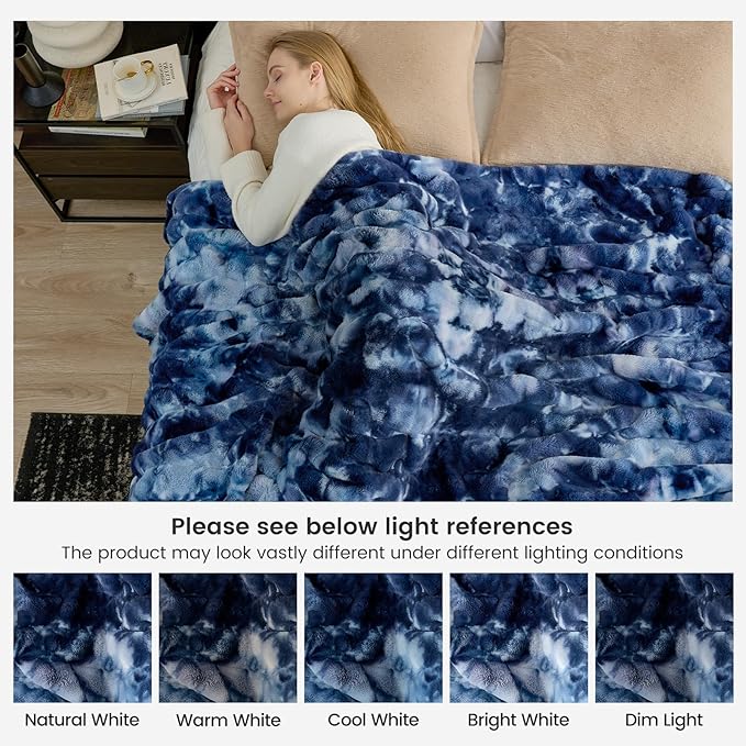 Cozy Bliss Faux Fur Throw Blanket for Couch, Fuzzy Soft Plush Thick Striped Blanket for Sofa Bedroom Living Room, 60 * 80 Inches Tie-dye Blue