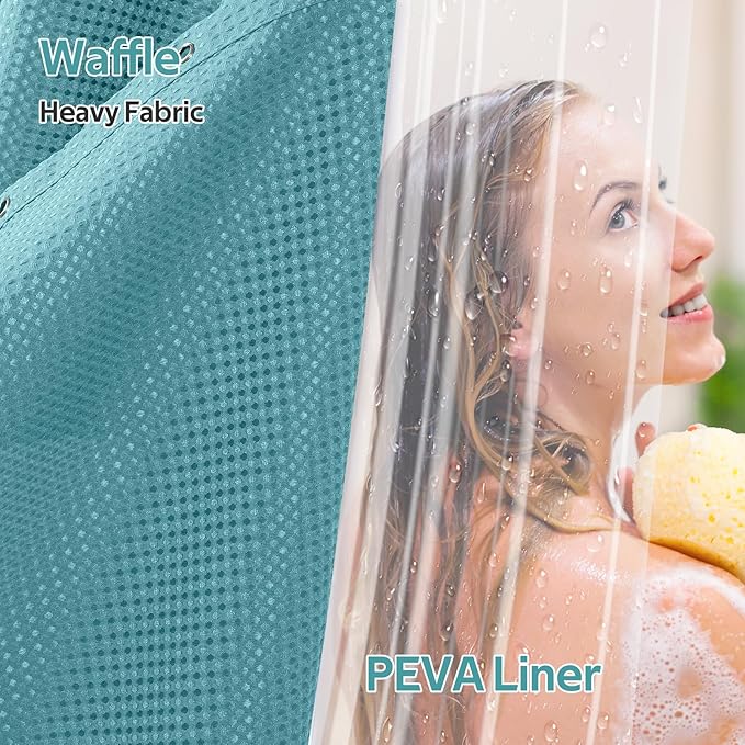 3 in 1 Shower Curtain Set, Waffle Shower Curtain and Liner Set with 12 Double Sided Shower Curtain Hooks, 258GSM Luxury Weighted Cloth Shower Curtains for Bathroom, 72 W x 72 H, Teal