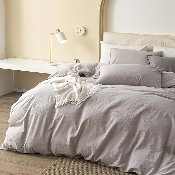 JIYUAN 100% Washed Cotton Duvet Cover Set 3 Pieces Super King, 1 Duvet Cover 108x98 Inches(Comforter Not Included) and 2 Pillowcases,Linen Feel Bedding Set Comfy and Breathable, Heathered Linen