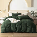 JIYUAN 100% Washed Cotton Duvet Cover Set 3 Pieces Oversized King, 1 Duvet Cover 120x98 Inches(Comforter Not Included) and 2 Pillowcases,Linen Feel Bedding Set Comfy and Breathable,Forest Green