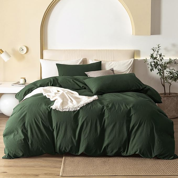 JIYUAN 100% Washed Cotton Duvet Cover Set 3 PCS Oversized King Plus, 1 Duvet Cover 128"x120"(Comforter Not Included) and 2 Pillowcases,Linen Feel Bedding Set Comfy and Breathable,Forest Green