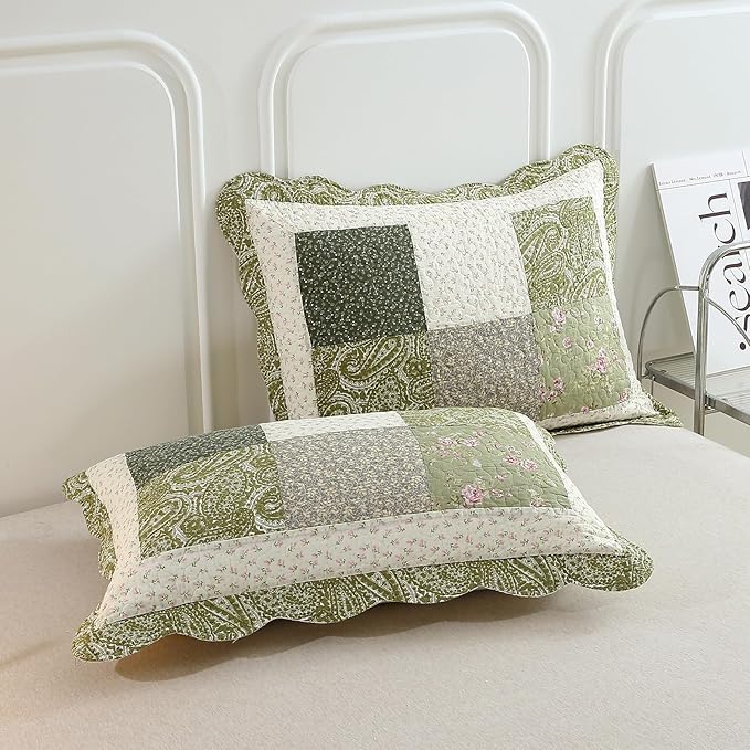 vctops Farmhouse Green 3 Piece Patchwork Quilted Set Floral Embroidery Cotton Bedding Set Lightweight Reversible Bedspread Coverlet 1 Quilt + 2 Pillow Shams (Green Floral,91"x98")