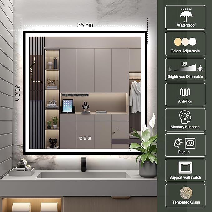 S·BAGNO 36''x36'' LED Bathroom Mirror with Lights, Bathroom Vanity Wall Mirror with Buletooth, Anti-Fog, Stepless Dimmable, 3 Colors, Tempered Glass Lighted Vanity Mirror for Bathroom
