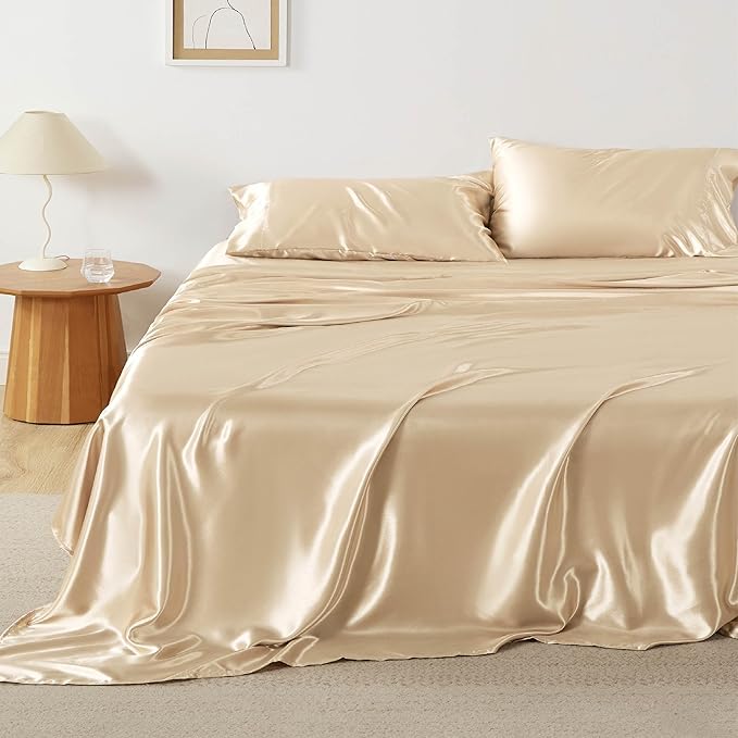 Bedsure Satin Sheets King Size - 4 Piece Silky Bedsheets with 15 Inches Deep Pocket Fitted Bedsheet,1 Flat Sheet, 2 Satin Pillowcases, Good for Hair & Skin (King, Champagne)