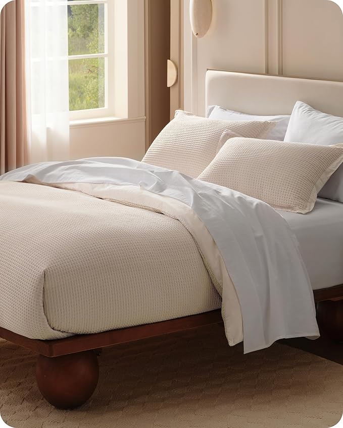 Bedsure Cotton Duvet Cover Set - 100% Cotton Waffle Weave Beige Duvet Cover Oversized Queen Size, GentleSoft™ and Breathable Bedding Set for All Season, 3 Pieces, 98"x98"