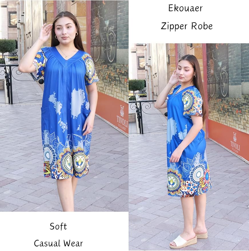 Ekouaer Women Robe Zipper Front Mumu Duster Robes Zip Up Housecoat Soft Sleepwear with Pockets S-3XL