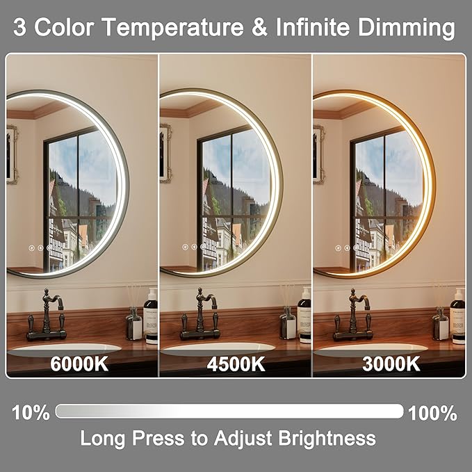 36 Inch Round LED Bathroom Mirror with Bluetooth, Black Lighted Bathroom Mirror Wall Mounted, Dimmable, Anti-Fog, 3000K/4500K/6000K