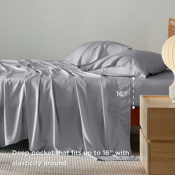Bedsure California King Sheet Sets, Cooling Sheets, Rayon Derived from Bamboo, Breathable & Soft, Deep Pocket Up to 16 Inches, Hotel Luxury Silky Bedding for Hot Sleepers, Silver Grey