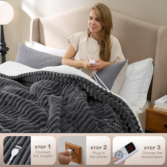 Hansleep Heated Blanket Electric Throw Full Size, Heating Blanket with 9 Heating Levels and 10-Hour Timer Auto Shut Off, Washable Soft Warm Winter Blanket, 72 x 84 Inches, Dark Grey