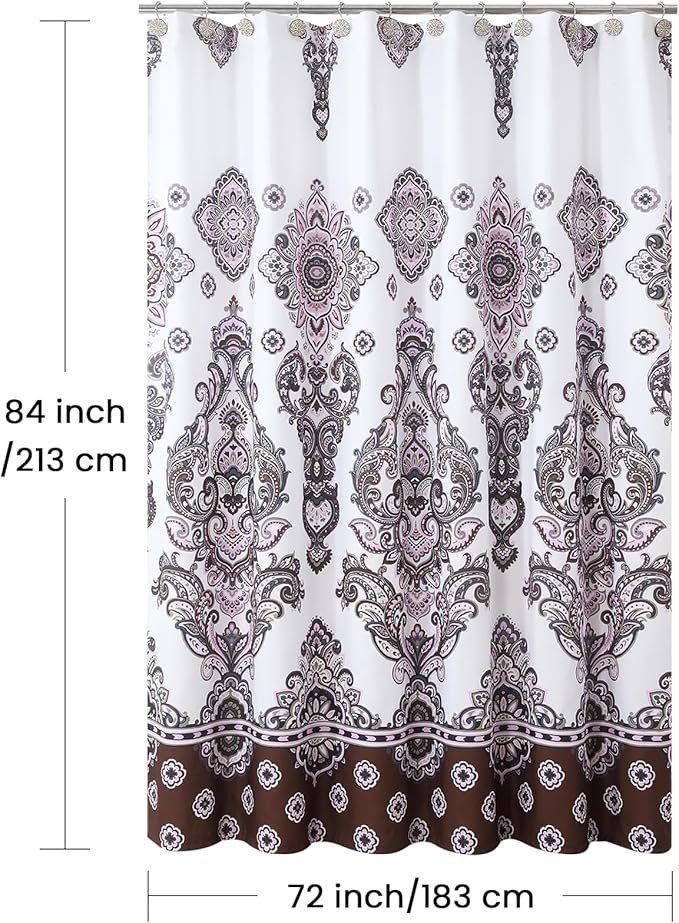 Extra Long Shower Curtain, White Baroque Bath Curtain with Brown & Pink Paisley Medallion Print, Waterproof Luxury Fabric, 72" W x 84" H