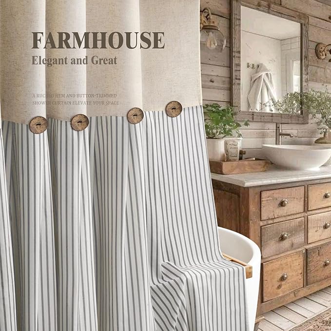 Farmhouse Shower Curtain Linen Button Woven Fabric Country Rustic Western, Pleated Grey Stripe 72" W x 72" L