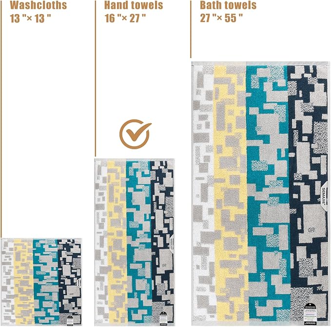SEMAXE 12 Pack Hand Towels for Bathroom, 100% Cotton Towels with Hanging Loops, Soft & Highly Absorbent, Hand Towel Set for Gym, Shower, Hotel, Spa and Kitchen, Colorful - Checkered