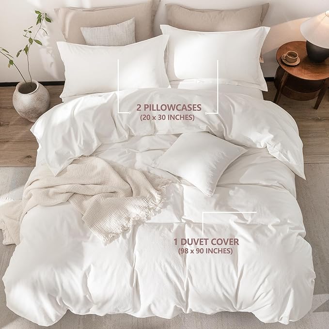 Off White Duvet Cover Super Queen Size 100% Washed Cotton Bedding Set Cover 1 Duvet Cover Zipper Closure and 2 Pillowcases, 98inchx90inch
