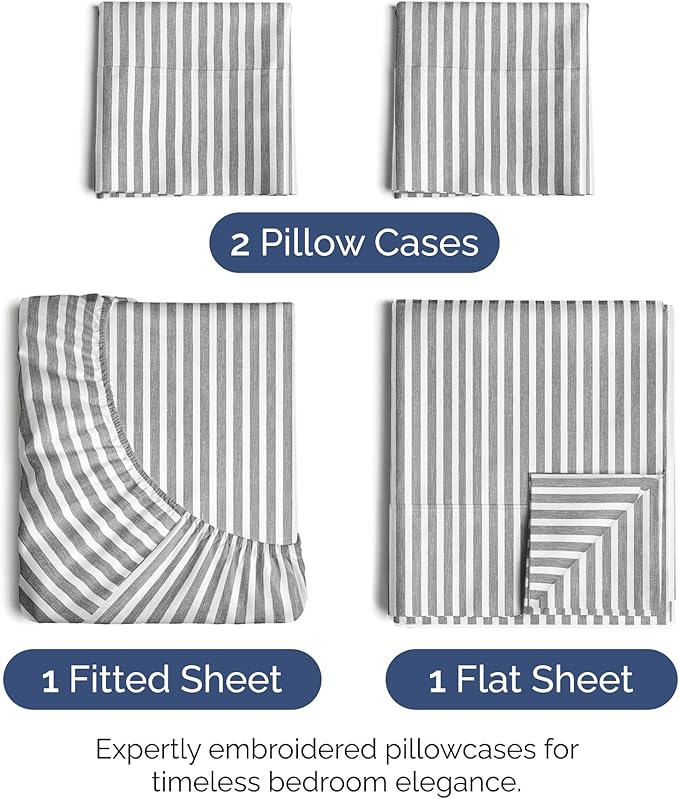 Hotel Luxury Durable Bed Sheets - Full Size 4 Piece Sheet Set - Extra Soft, Breathable And Cooling - Deep Pockets, Easy-Fit & Wrinkle-Free - Grey Stripes Oeko-Tex
