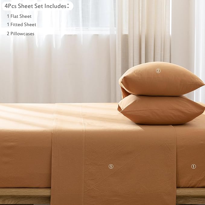 MooMee Bedding Sheet Set 100% Washed Cotton Linen Like Textured Breathable Durable Soft Comfy (Solid Burnt Orange, Twin XL)