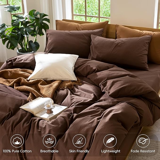 MooMee Bedding Duvet Cover Set 100% Washed Cotton Linen Like Textured Breathable Durable Soft Comfy (Solid Cocoa Brown, Super King 108"x98")
