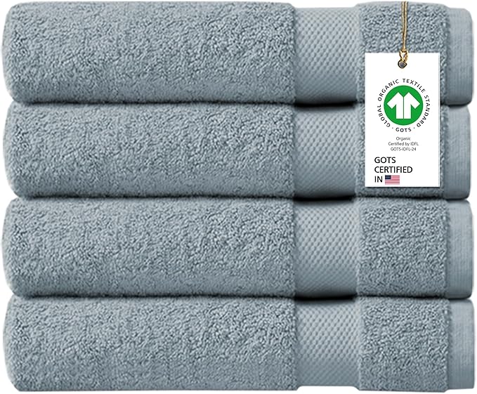 Delara 100% Organic Cotton Towels 650 GSM Plush Feather Touch Quick Dry Bath Towel, Pack of 4 GOTS Certified, Oeko-Tex Green Certified, Organic Cotton Bath Towel, 30"X58"