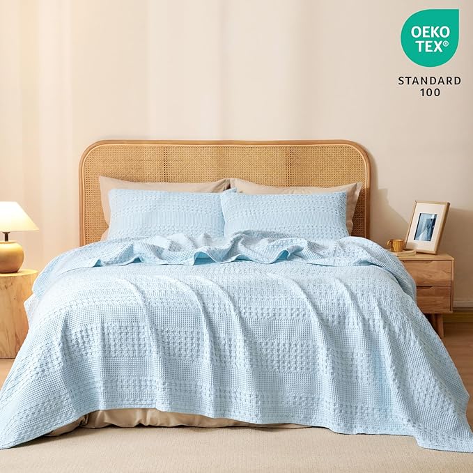 PHF 100% Cotton Waffle Weave Blanket Twin Size for Bed, Soft Lightweight & Breathable, All-Season Comfort, Luxury Aesthetic Woven Bedding for Home Decor, 66"x90", Baby Blue