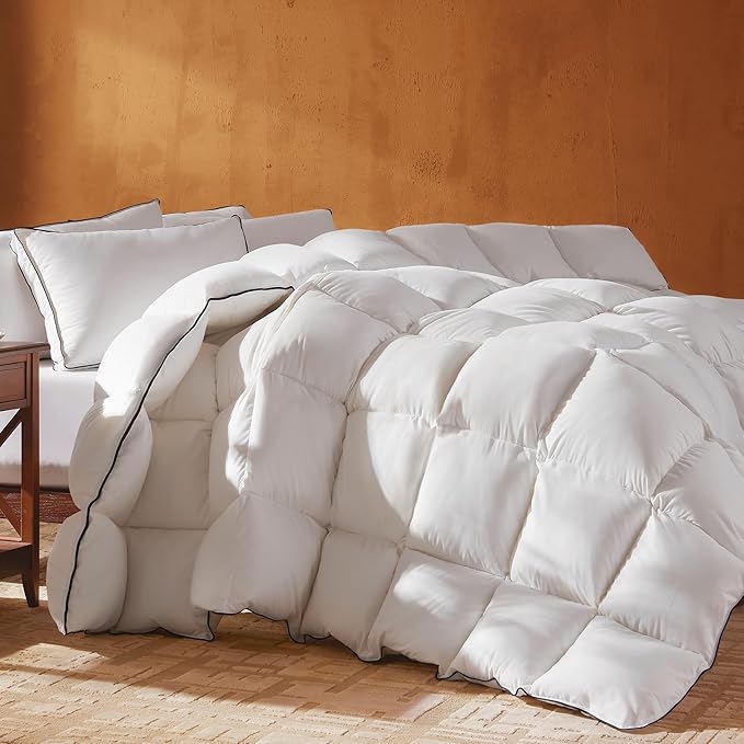 Goose Feather Down Fiber Cotton Comforter Oversize Queen Size, Ultra-Soft Duvet Insert, Hotel Collection White Quilted Comforter, All Season Bedding Comforter with 8 Corner Loops, 98x96 Inch