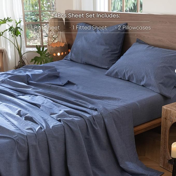 MooMee Bedding Sheet Set 100% Washed Cotton Linen Like Textured Breathable Durable Soft Comfy (Heathered Blue, King)
