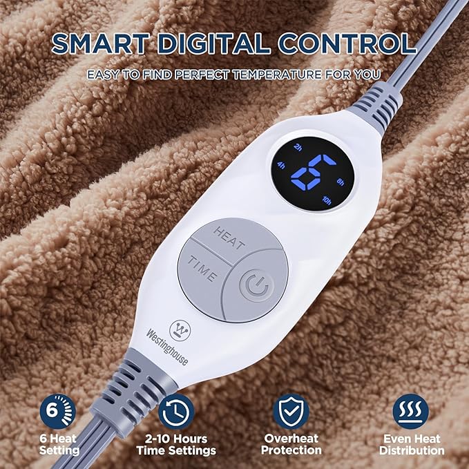 Westinghouse Electric Blanket Throw Size, Soft Plush Sherpa Heated Blanket with 6 Heating Levels & 2-10 Hours Auto-Off, Machine Washable, 50x60 inches, Camel