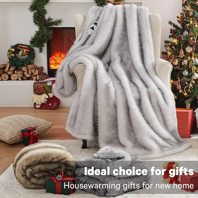 Heated Electric Blanket Throw,Octrot 50"X60" Faux Fur Heating Blanket Luxury Christmas Gifts Heavy Plush with 10 Heats Levels & 8 Hours Auto Off,Super Cozy Warm Fuzzy,Fluffy Decor Winter Warming,Grey