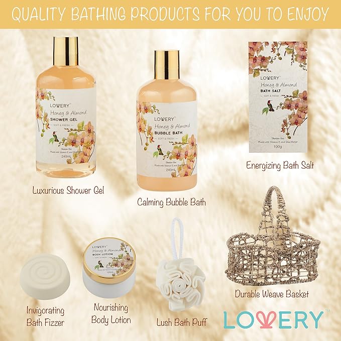 Christmas Gift Baskets for Women Gifts for Women Who Have Everything, Home Spa Honey & Almond Scent, Luxury Bath & Body Set - Shower Gel, Bubble Bath, Body Lotion, Salts, Bath Bomb, Bath Puff.