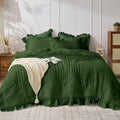 JOLLYVOGUE Dark Green Twin Size Comforter Set, 2 Pieces Seersucker Lightweight Fluffy Bedding Set, Twin Ruffle Comforter, All Season Soft Microfiber Shabby Chic Bed Set
