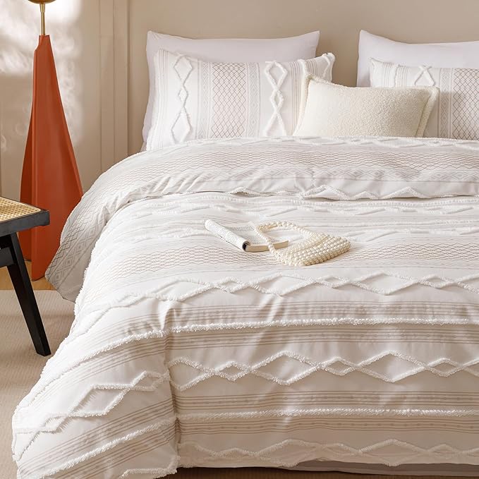 KAREVER Ivory Boho Comforter Set Twin Mixed Textures Jacquard Bedding Set Durable Chic and Stylish Bedroom Set
