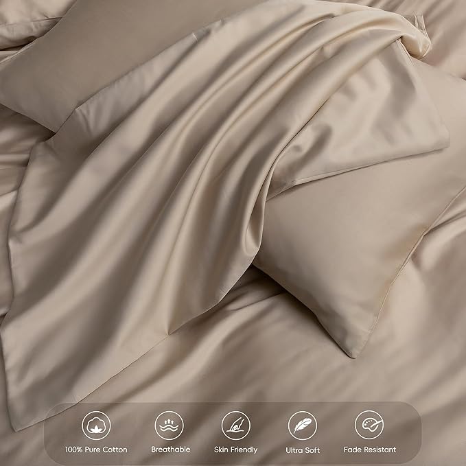 MooMee Duvet Cover Set 100% Extra Long Staple Cotton 600 Thread Count Silky Sateen Smooth Luxury Soft Breathable Durable Hotel Quality Bedding, 3 Pieces (Taupe, Queen 90"x90")