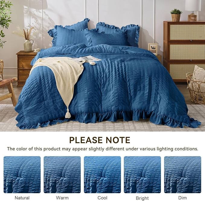 JOLLYVOGUE Teal Twin Size Comforter Set, 2 Pieces Seersucker Lightweight Fluffy Bedding Set, Twin Ruffle Comforter, All Season Soft Microfiber Shabby Chic Bed Set
