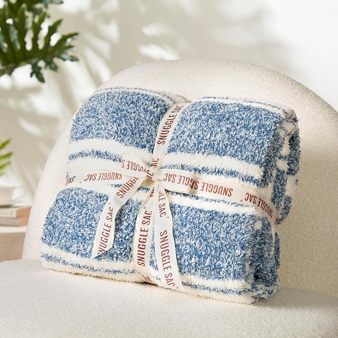 Snuggle Sac Knitted Throw Blanket for Couch, Reversible Super Soft Microfiber Blankets Warm Cozy Knit Fuzzy Plush Lightweight Throws for Sofa, Bed, Camping, Picnic, Stripe Blue, 50 x 60 inches