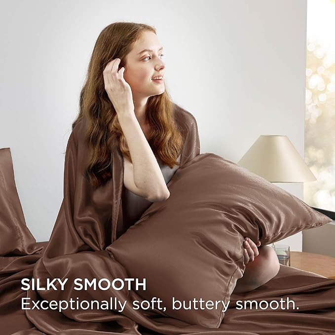 Bedsure Satin Sheets Full Size - 4 Piece Silky Bedsheets with 15 Inches Deep Pocket Fitted Bedsheet,1 Flat Sheet, 2 Satin Pillowcases, Good for Hair & Skin (Full, Coffee)
