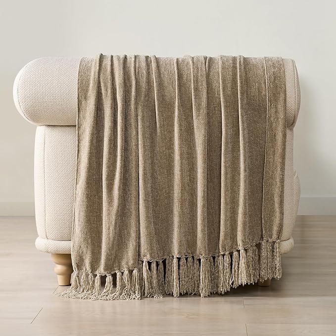 EVERGRACE Soft Chenille Throw Blanket for Couch, Cozy Plush Fuzzy Decorative Chenille Knit Throw Blanket with Tassels, Lightweight Blanket and Throws for Bed Sofa Gift Home Decor, Beige 50"x60"