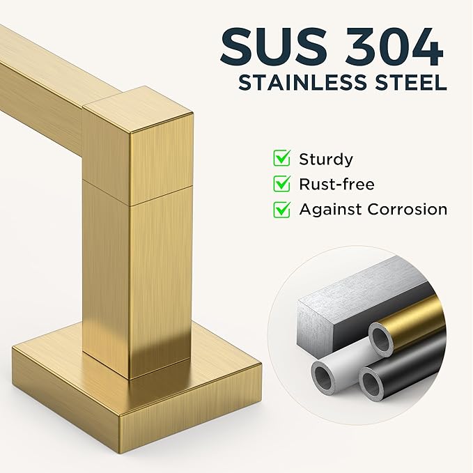 FORIOUS Toilet Paper Holder Set Wall Mount, SUS 304 Stainless Steel Pivoting Toilet Paper Holder and Towel Ring, Hand Towel Holder Set for Bathroom, Square Bathroom Hardware Set, Brushed Gold