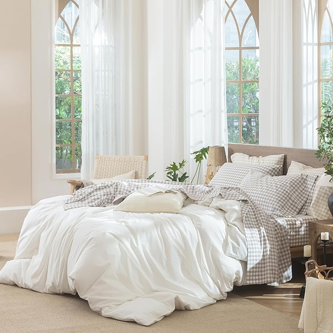 MooMee Gingham Sheet Set 100% Washed Cotton Linen Like Textured Breathable Soft w/Fully Elasticized 16-19" Deep Pocket (Classic Gingham Tannish Linen Grey, King)