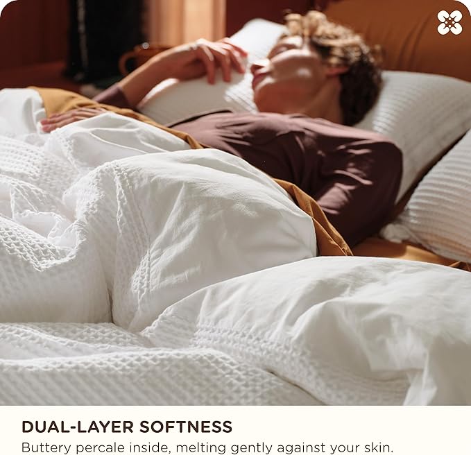 Bedsure Cotton Duvet Cover Set - 100% Cotton Waffle Weave Coconut White Duvet Cover Oversized King Size, GentleSoft™ and Breathable Bedding Set for All Season, 3 Pieces, 120"x98"