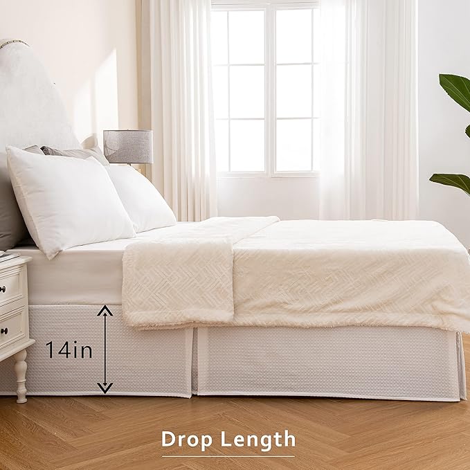 MIYE Pleated Waffle Weave Bed Skirt, Tailored Dust Ruffle 14 Inch Drop Easy Fit, Machine Washable,No Split Corners (White, Queen - 14" Drop)