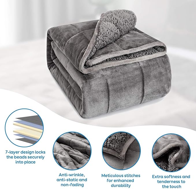 Sherpa Fleece Weighted Blanket 10 lbs for Adult, Flannel Cozy Plush Bed Blankets, Fuzzy Sherpa Weighted Blankets Full Size, Minky Soft Blanket for Sofa Bed, 48 x 72 inches, Grey