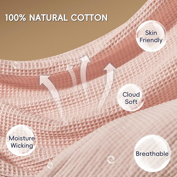 PHF 100% Cotton Waffle & Muslin Blanket King Size, Soft Breathable Luxury 400GSM Versatile Reversible Bedding for Bed, Great for Layering in Cold Weather, Home Decor Gift, 104" x 90", Rose Smoke