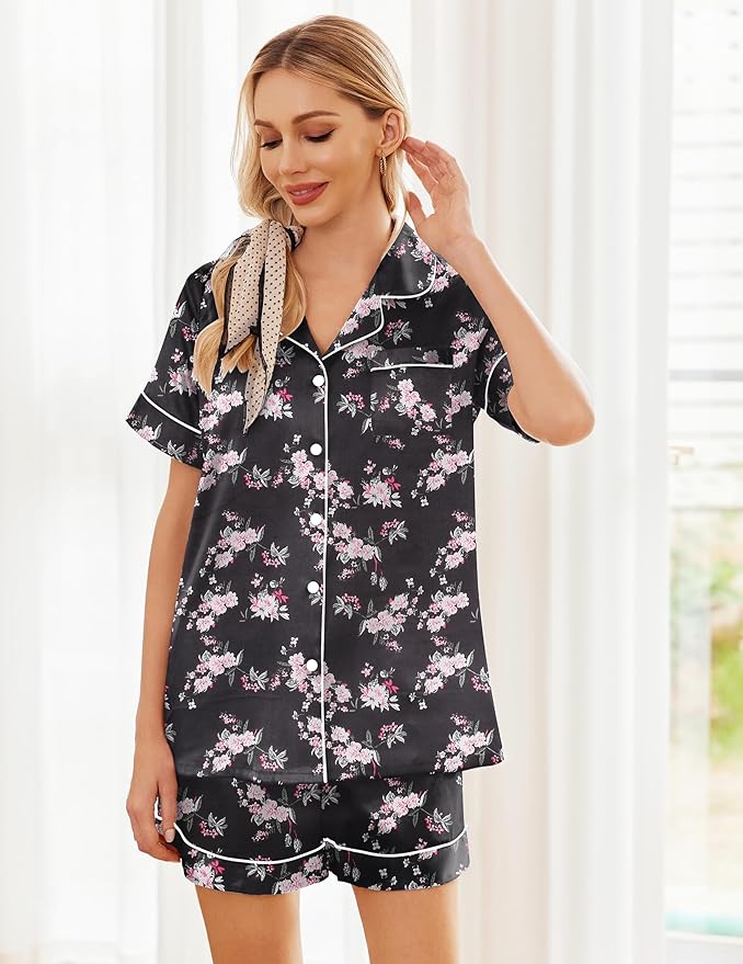 Ekouaer Pajamas for Women Set Silk Satin Pjs Shorts Sleepwear 2 Piece Loungewear S-XXL