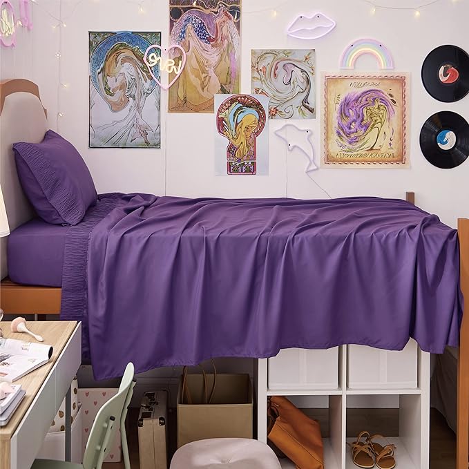 Bedsure Twin XL Sheet Sets Dorm Bedding - 3 Pieces Soft Extra Long Twin Sheets, Hotel Luxury, Easy Care Microfiber for Women, Men, Purple