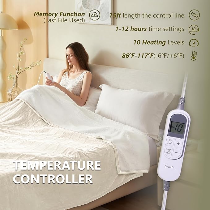 Heat Blanket 50”x60” Throw,Soft Flannel & Sherpa Reversible Electric Blanket with 10 Heat Settings,12 Timer Setting and 3 Hours Auto-Shut Off,ETL Certified Machine Washable,Ivory