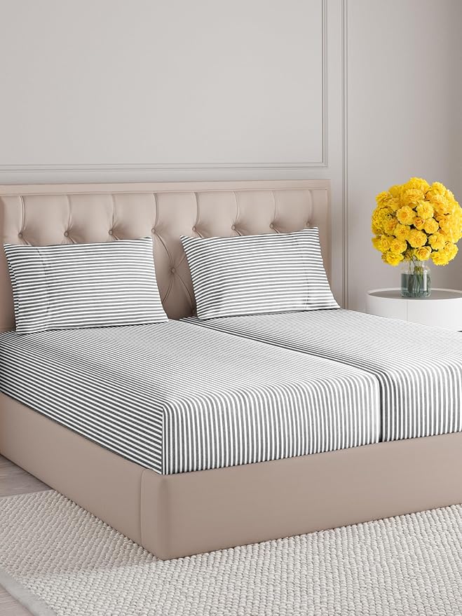 Split King Size 5 Piece Sheet Set - Extra Soft, Breathable & Cooling Sheets - Hotel Luxury Bed Sheets for Women & Men - Deep Pockets, Easy-Fit & Wrinkle-Free Sheets - Grey Stripes Oeko-Tex Bed Sheets