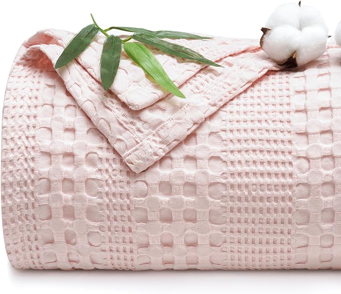 PHF Cooling Waffle Blanket Twin Size, Lightweight 60% Rayon Derived from Bamboo & 40% Cotton Breathable Blanket for Hot Sleepers, Soft and Luxury for Bed Couch and Sofa, 66"x90", Pink