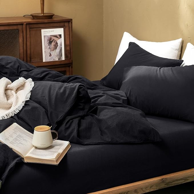 FOSSA Duvet Cover Set 100% Washed Cotton Linen Feel Super Soft Breathable Cozy 3 Pieces Bedding Sets Solid Black Super King Plus
