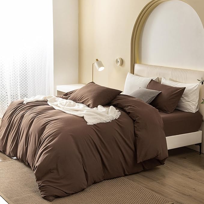 JIYUAN 100% Washed Cotton Duvet Cover Set 3 Pieces Alaska King, 1 Duvet Cover 132x120 Inches(Comforter Not Included) and 2 Pillowcases,Linen Feel Bedding Set Comfy and Breathable,Chocolate Brown