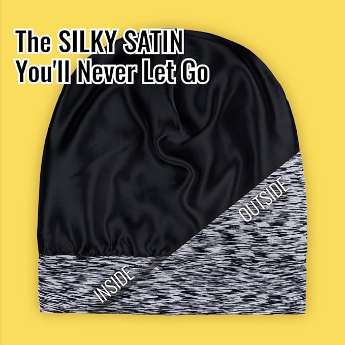 Satin Lined Sleep Cap Bonnet for Curly Hair and Braids, Stay On All Night Hair Wrap with Adjustable Strap for Women and Men, Dark Grey and White, Pack of 1